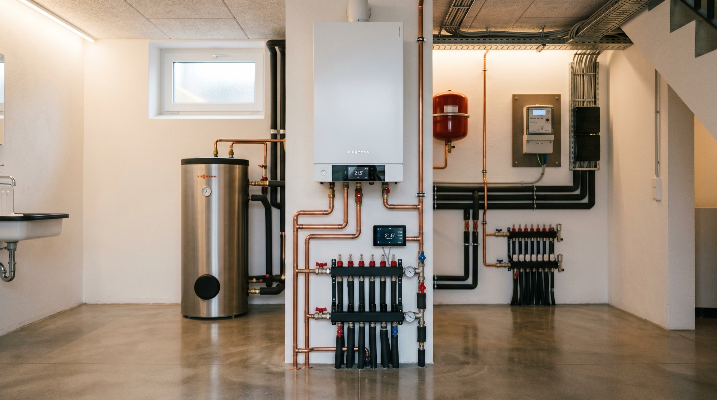 Moderner Heizungskeller mit Viessmann-Brennwerttherme, Warmwasserspeicher und Heizungsverteilern