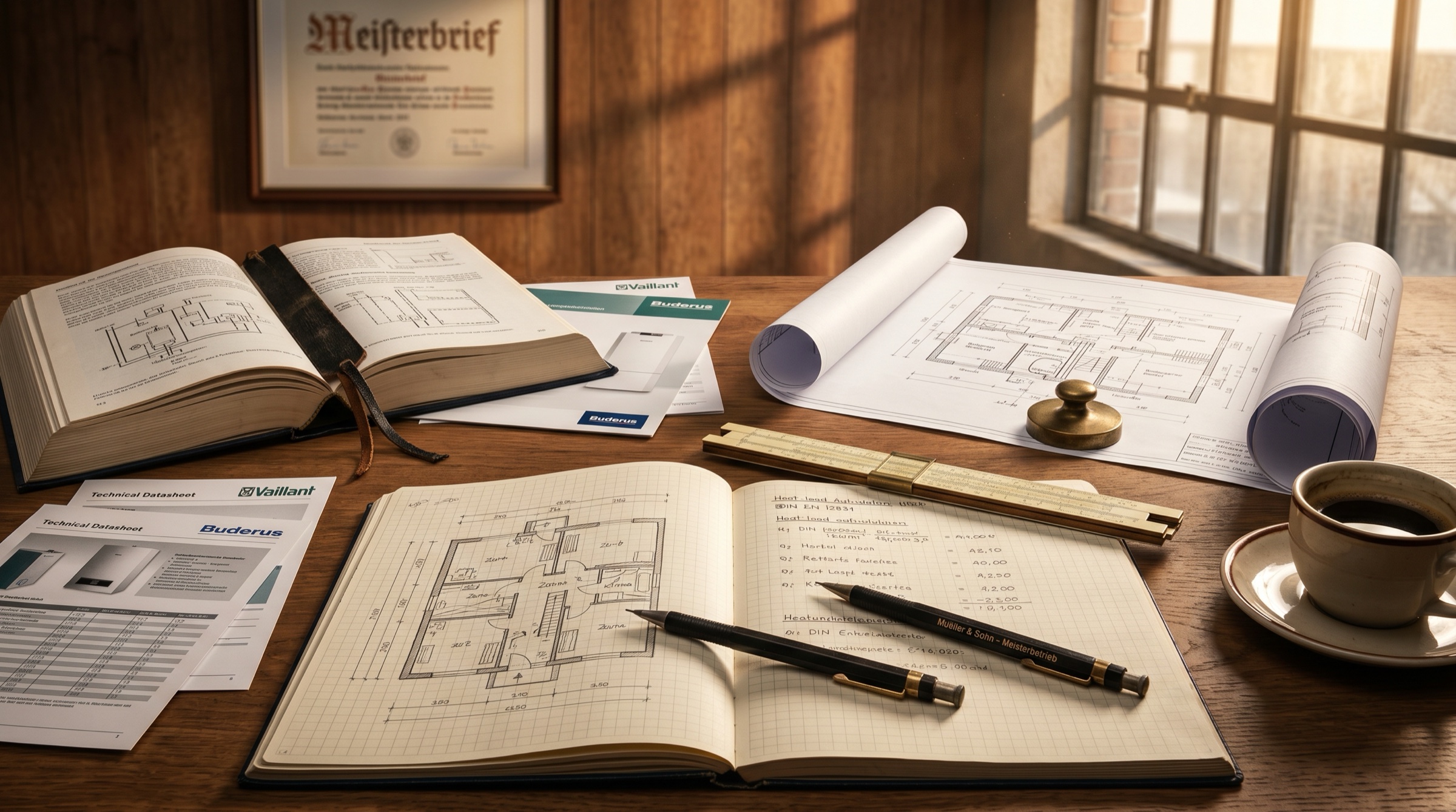 Technische Heizungs-Planung mit Notizbuch, Datenblättern und Blueprints
